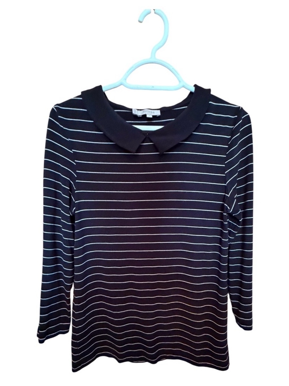 Hobbs London Striped Peter Pan Collar wrist length Sleeve Top - navy and White